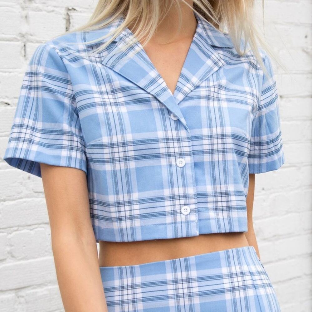 Brandy Melville Blue Plaid Crop Shirt